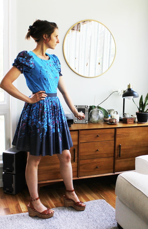 Cobalt Blue Puffy Sleeve Floral Dress - image 1