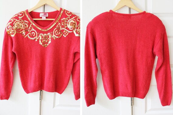 Vintage Red 80s Sequin Sweater | Silk Angora Pull… - image 4