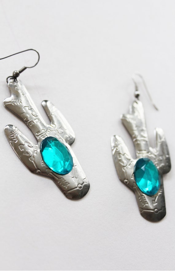 Ornate Silver Cactus Dangly Earrings with Turquois