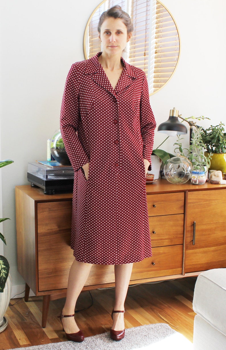 60s Burgundy Polka Dot Collared Shirt Dress
