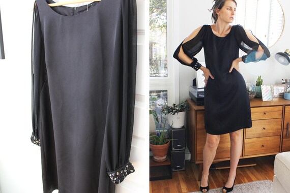 Vintage Sheer Sleeve Black Jeweled Shift Dress - image 1