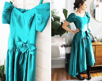 Vintage Turquoise 1980s Off the Shoulder Gown with Drop Wast and Bow Detail