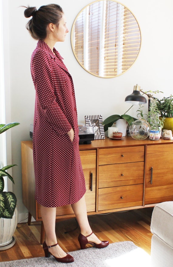 60s Burgundy Polka Dot Collared Shirt Dress - image 2