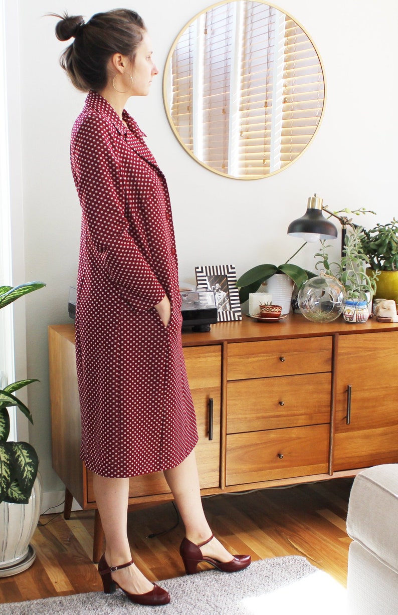 60s Burgundy Polka Dot Collared Shirt Dress