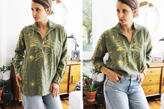 Vintage Green Dyed Long Sleeve Zip Collar Top - image 4