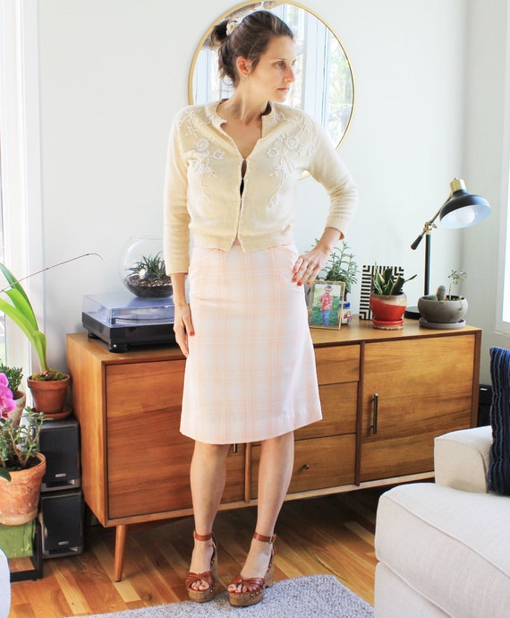 Pale Pink and White Plaid Skirt