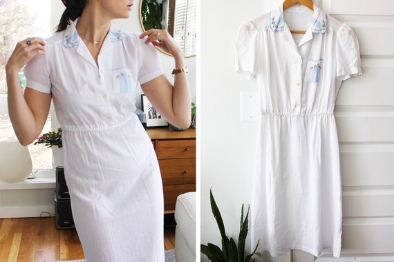 Vintage Embroidered Floral Sweet White Shirt Dress - image 5