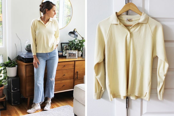 Vintage Pale Yellow Collared Raglan Top - image 5