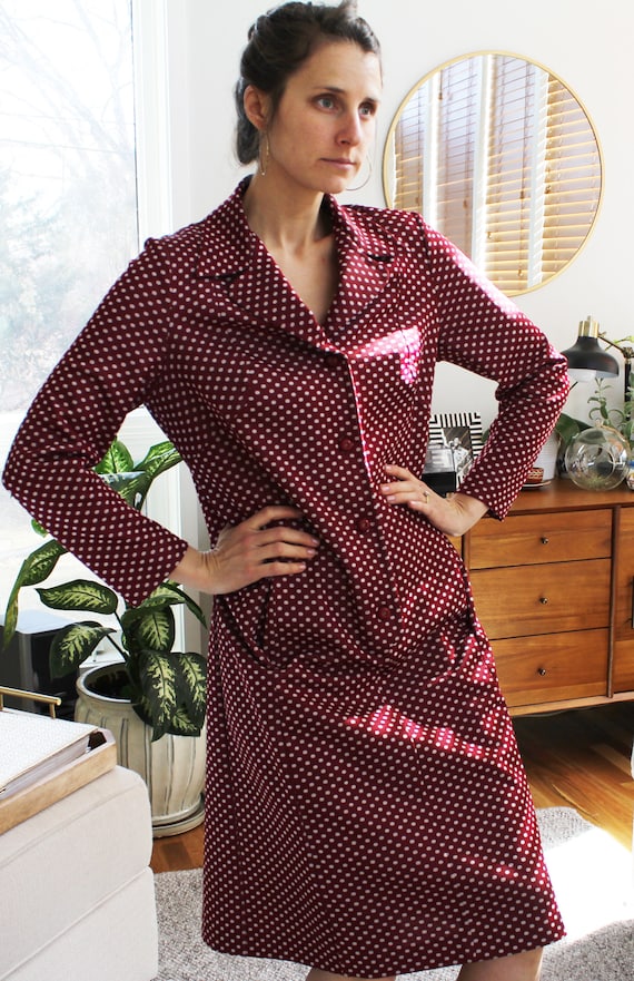 60s Burgundy Polka Dot Collared Shirt Dress