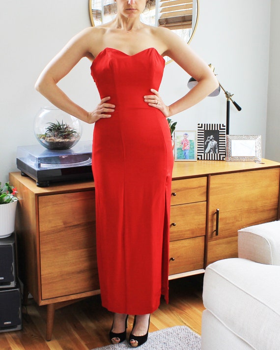 Vintage Red Strapless Gown | 90s Sexy High Slit D… - image 2