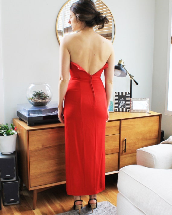Vintage Red Strapless Gown | 90s Sexy High Slit D… - image 7