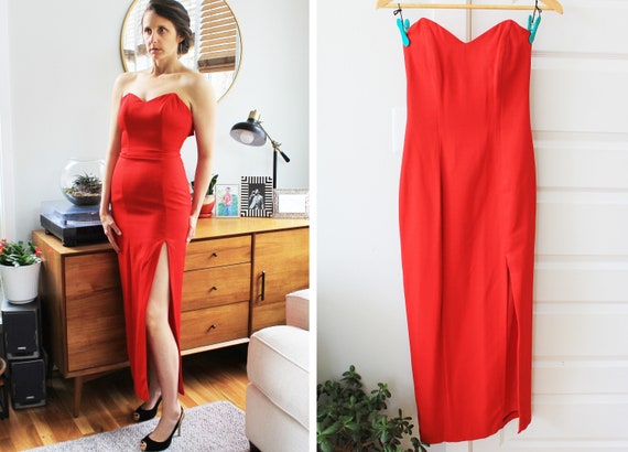 Vintage Red Strapless Gown | 90s Sexy High Slit D… - image 1