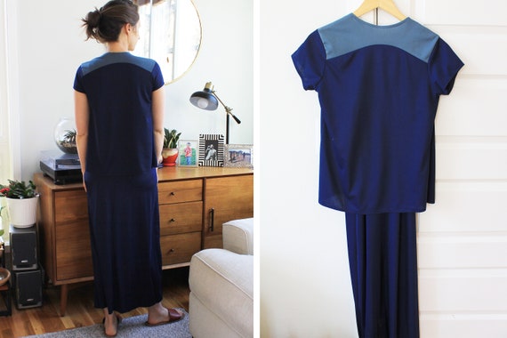 70s Navy Blue Spaghetti Strap Dress Set - image 7