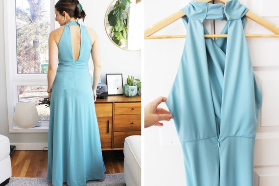 Vintage Teal 1970s Halter Gown - image 5