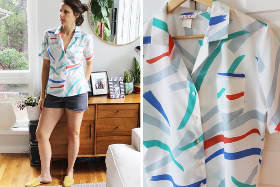 Retro Colorful Paint Stroke Button Down Top - image 5