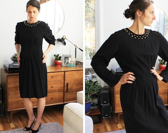 Vintage Black Dress | 90s Rayon Blend with Gold Studs