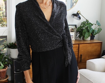 1990s Sparkly Jumpsuit | Vintage Black & Silver Long Jumpsuit