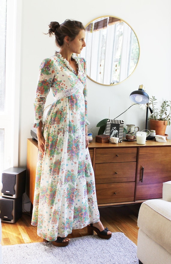 Floral Cream Empire Waist Hippie Gown