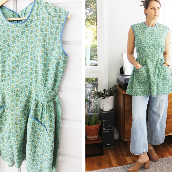 Vintage Handmade Apron Top | 1970s Paisley Green Tunic