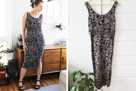 VTG 80s 90s 'ALL THAT JAZZ' BLUE WHITE FLORAL GRUNGE PRAIRIE BOXY MIDI DRESS S 8 main image 1