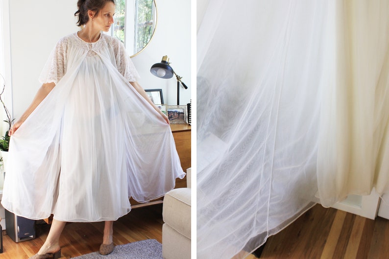 May include: A white sheer nightgown with lace detailing and a gathered neckline. The gown is flowing and has a relaxed fit.