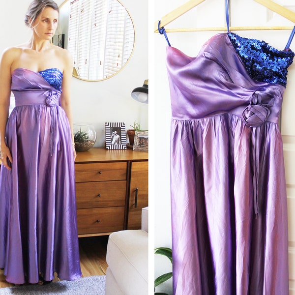 Vintage Purple & Blue Strapless Gown | 1980s / 1990s Size 6 Sequin Gown