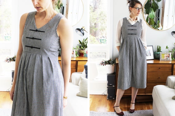 Vintage Black White Gingham Plaid Pinafore Dress - image 7