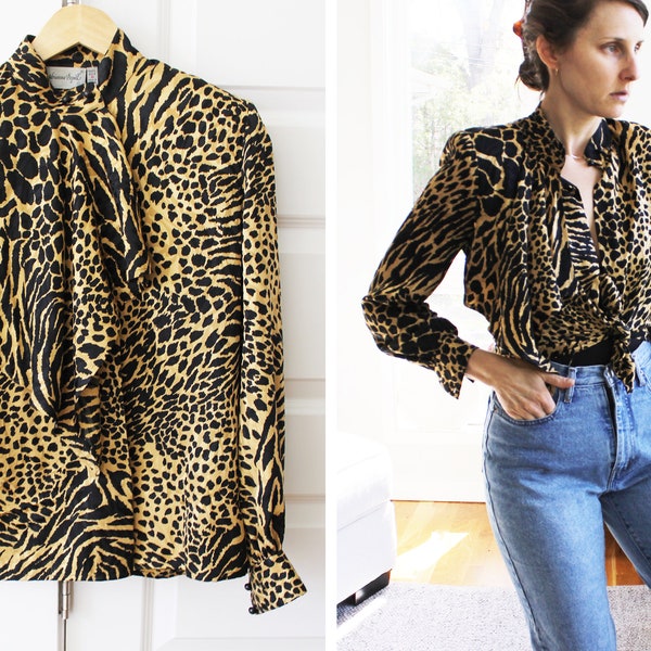 Vintage Leopard Prind Silk Top | 90s Mob Wife Blouse