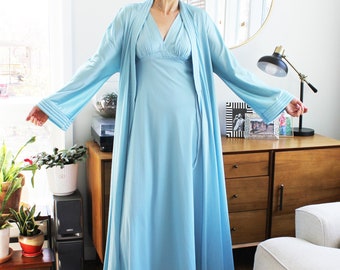 Vintage Powder Blue Long Nightie Robe Set