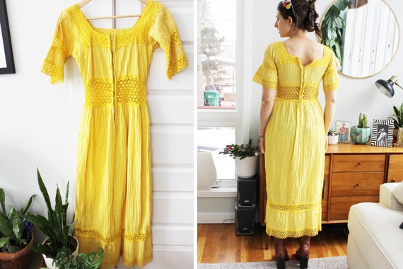 1970s Bright Yellow Pleated Crepe Crochet Midi Dr… - image 6