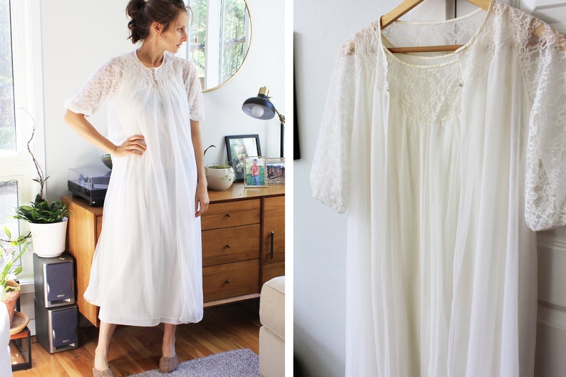 May include: White lace nightgown with a long, flowing skirt and short sleeves. The gown is made of a sheer fabric and has a delicate lace trim.
