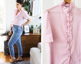 Vintage Powder Pink Ruffled Button Down