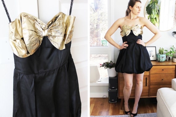 Vintage 1980s 90s Black & Gold Mini Party Dress w… - image 4