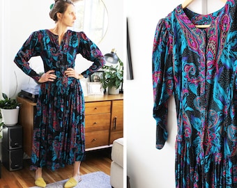 80s Long Sleeve Jewel Tones Paisley Drop Waist Dress