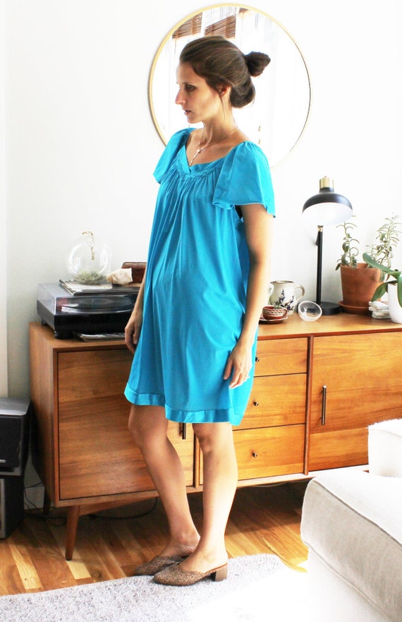 70s Bright Aqua Teal Flowy House Dress Nightie