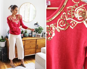 Vintage Red 80s Sequin Sweater | Silk Angora Pullover Sweater