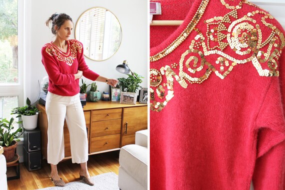 Vintage Red 80s Sequin Sweater | Silk Angora Pull… - image 1