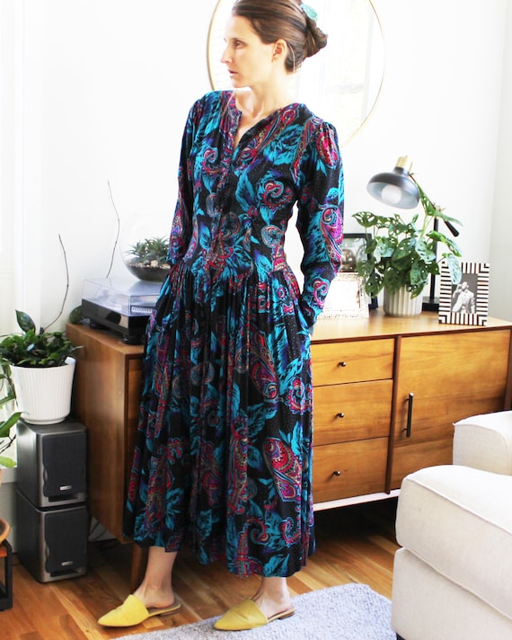 80s Long Sleeve Jewel Tones Paisley Drop Waist Dress - Etsy 80s Long Sleeve Jewel Tones Paisley Drop Waist Dress - Etsy