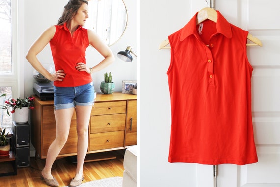 1970s Red Collared Sleeveless Blouse - image 3
