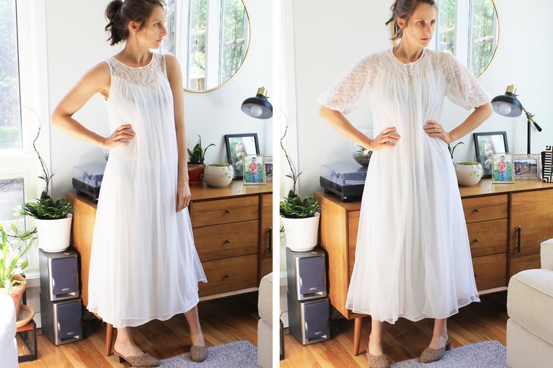 May include: A white, sleeveless, lace-trimmed nightgown with a gathered skirt. The nightgown is shown on a model in a home setting.