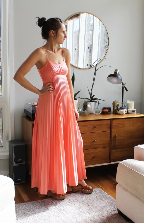 Pleated Peach 1970s Spaghetti Strap Gown