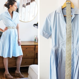 1950s Pale Blue Shirt Dress | Vintage Belted Circle Dress