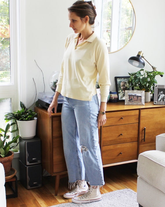 Vintage Pale Yellow Collared Raglan Top - image 6