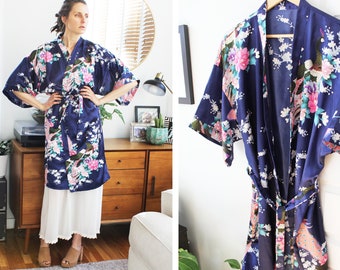 Vintage Peacock Print Silky Blue Robe