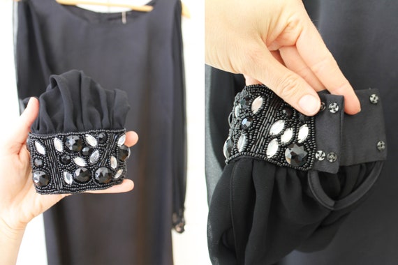 Vintage Sheer Sleeve Black Jeweled Shift Dress - image 3