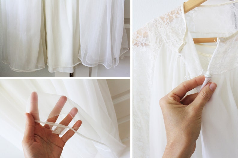 May include: White sheer nightgown with lace trim and a drawstring closure at the neckline.