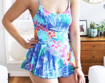 1990s Vibrant Floral Skirted One Piece Bathing Suit