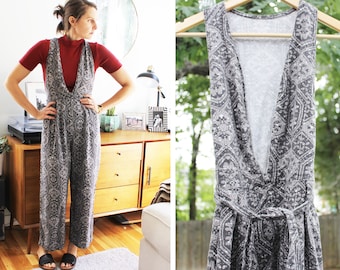 Retro Gray Overalls | Funky Abstract Print Jumpsuit