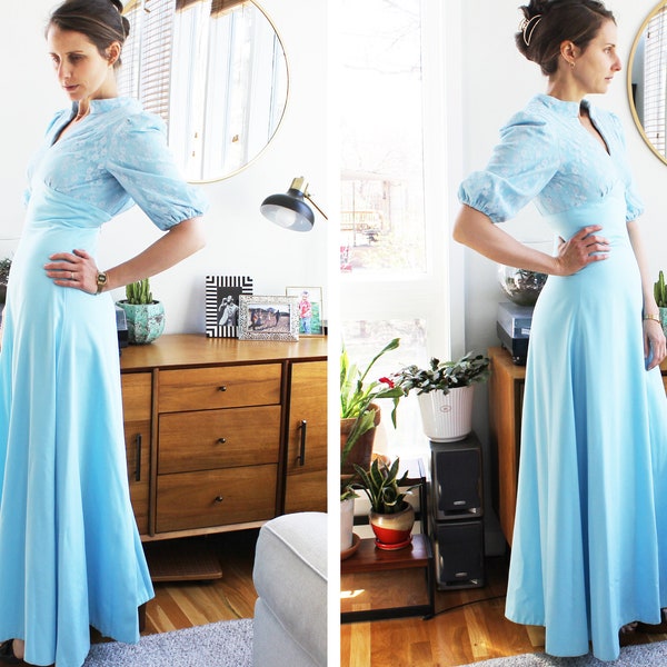 Vintage 70s Powder Blue Floral Prom Gown