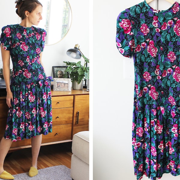 Vibrant Floral 80s Drop-Waist Dress